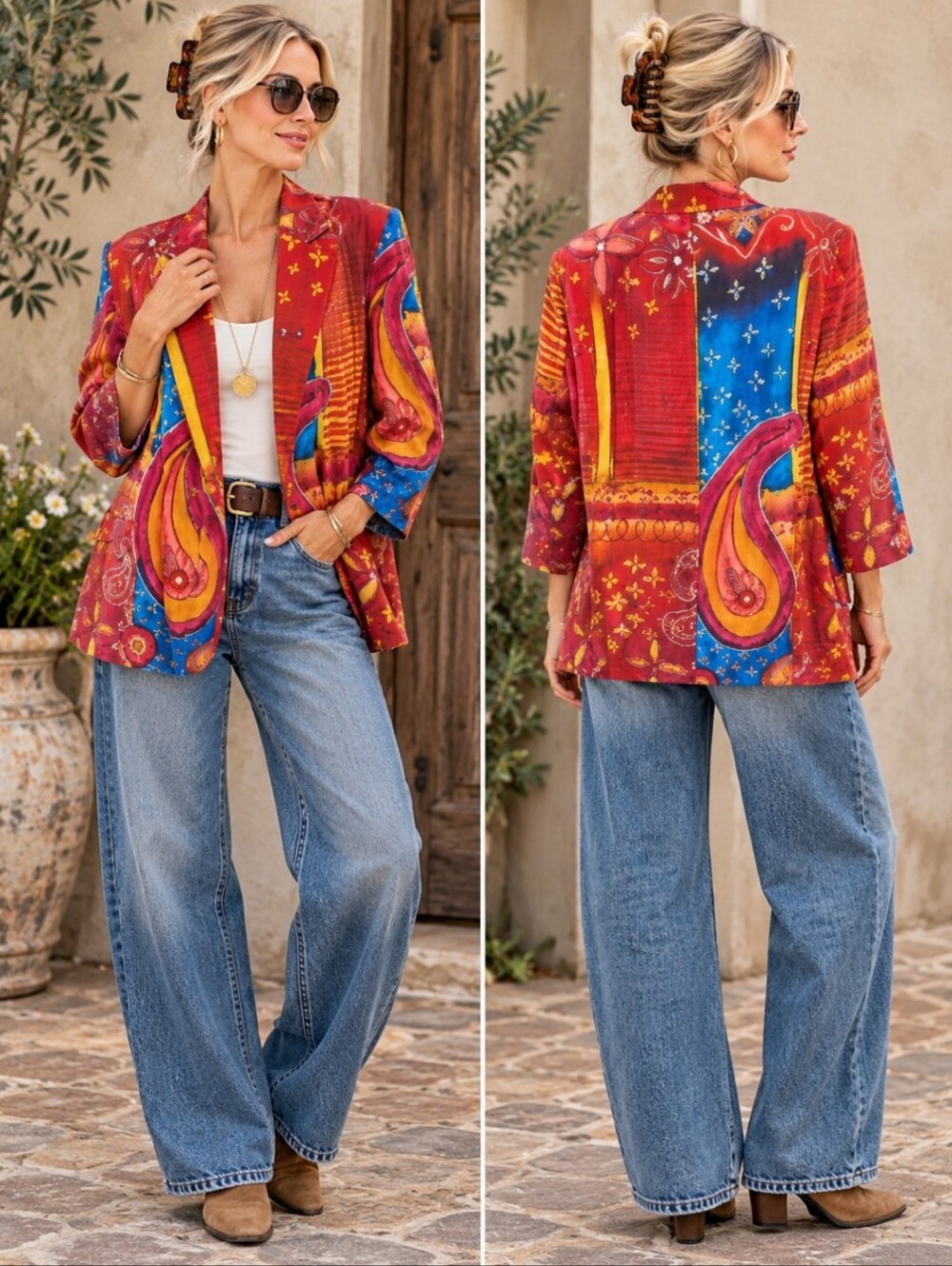 Vtg Diane Gilman Designer Silk Oversized Colorful Retro Red/ Blue Blazer Sz 1x